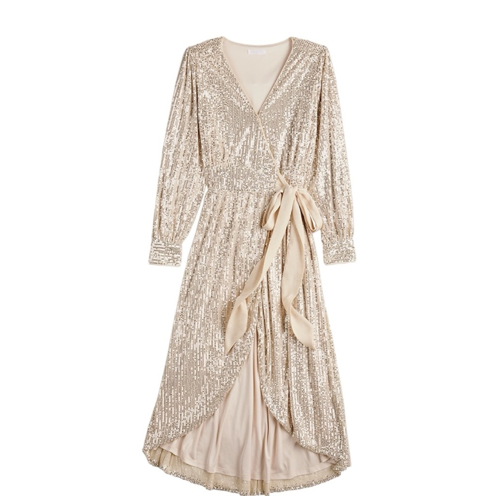Lauren Conrad Champagne Sparkle Sequin Stunning V Neck Long Sleeve Wrap Dress